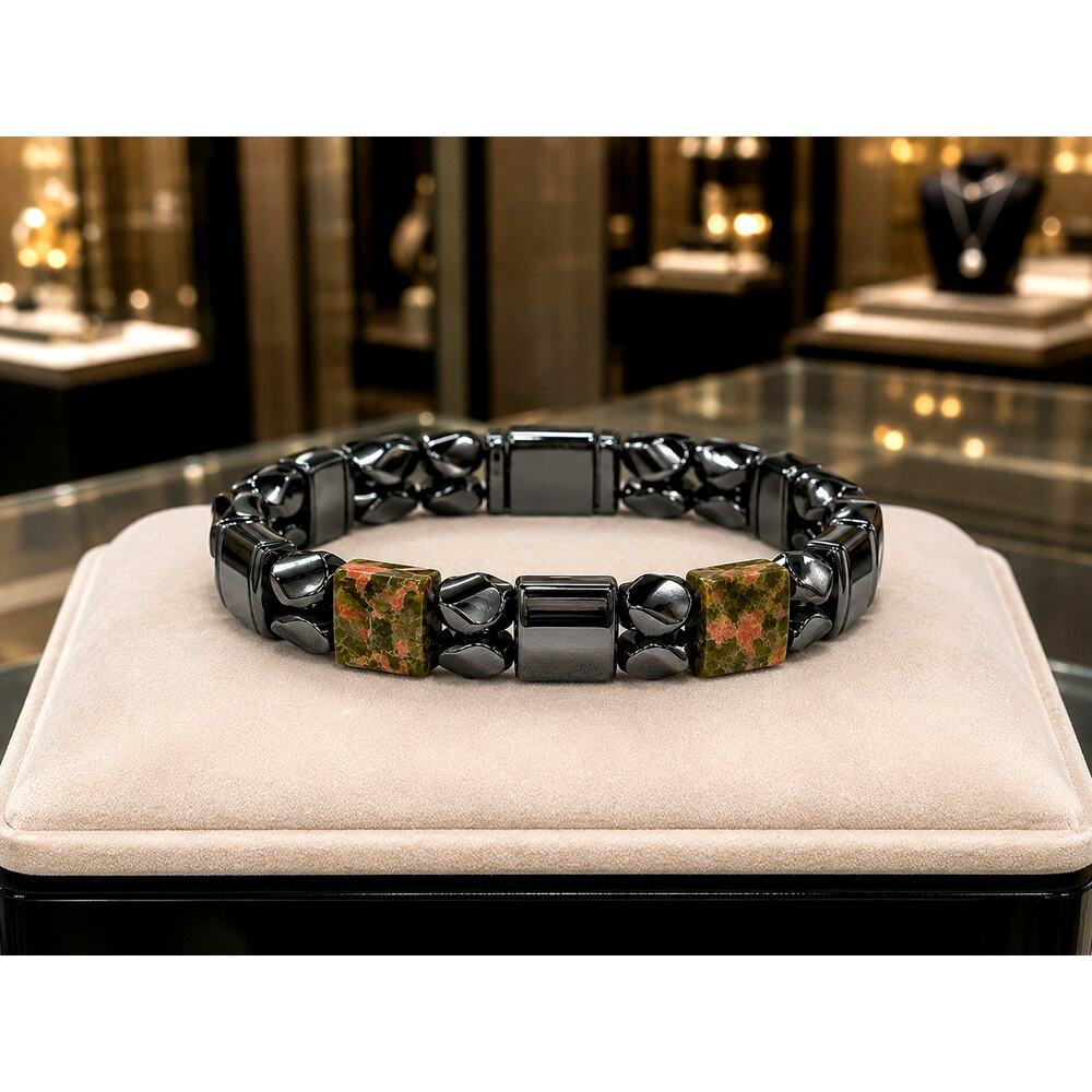 Magnetic Hematite & Unakite Stone Bracelet Black Magnetic Clasp Wellness Jewelry